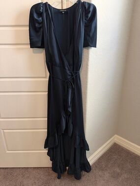 Sugarlips Navy High-Low Wrap Dress with Ruffle Hem